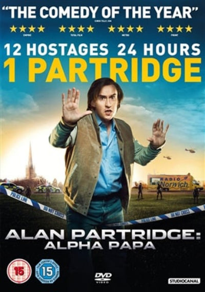 Movie poster for 'Alan Partridge: Alpha Papa' with a man in a jacket and blue shirt, and text about the comedy of the year.
