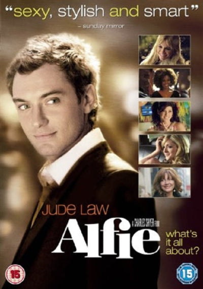 Movie poster for 'Alfie' featuring Jude Law with promotional text and character images.