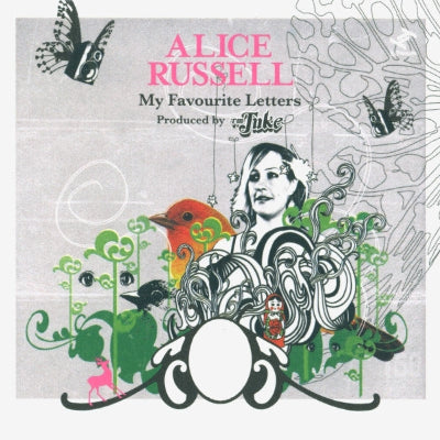 Album cover with stylized illustration of a woman, birds, and decorative elements with text 'Alice Russell My Favourite Letters'.