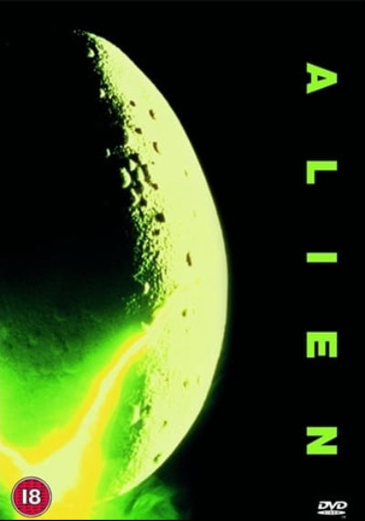DVD cover of 'Alien' with a green alien creature and '18+' rating on a black background