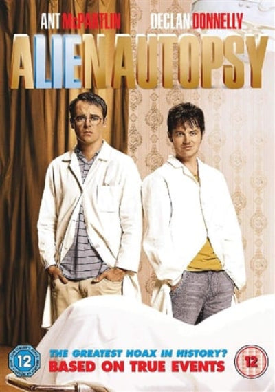 Movie poster for 'Alien Autopsy' featuring two men in lab coats against a curtain background.