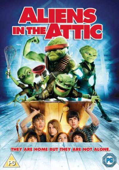 Movie poster for 'Aliens in the Attic' with green aliens and people underneath.
