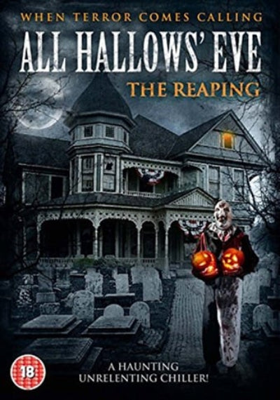 Movie poster for 'All Hallows' Eve: The Reaping' featuring a haunted house and a zombie with pumpkins.