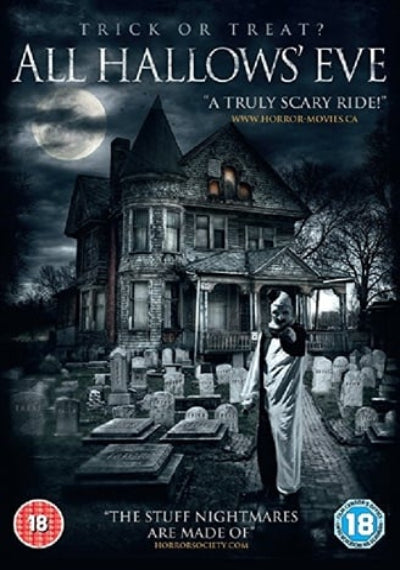 Horror movie poster for 'All Hallows' Eve' with a haunted house and graveyard.