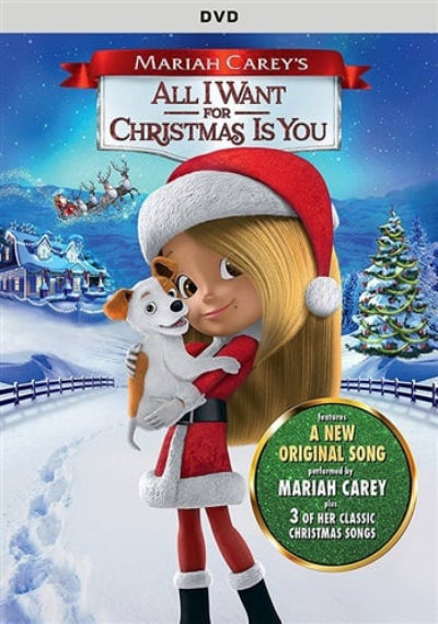DVD cover of 'All I Want for Christmas Is You' with a character in a Santa outfit and dog, set against a snowy landscape.