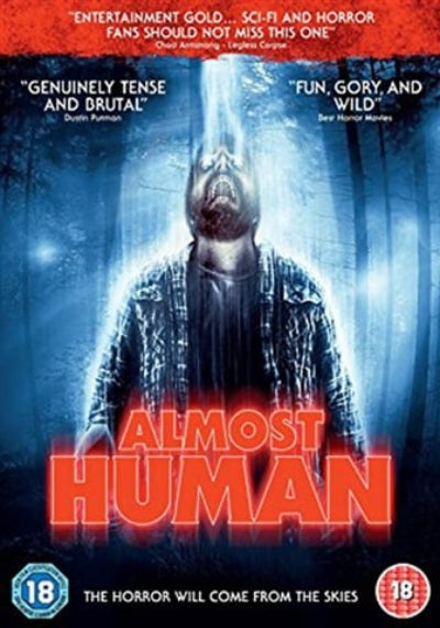 Movie poster for 'Almost Human' with a person wearing a mask and text describing the film's genre and themes.