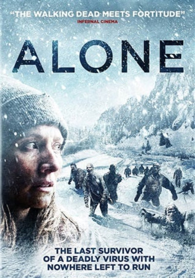 Movie poster for 'Alone' featuring a woman in a snowy landscape with survivors.