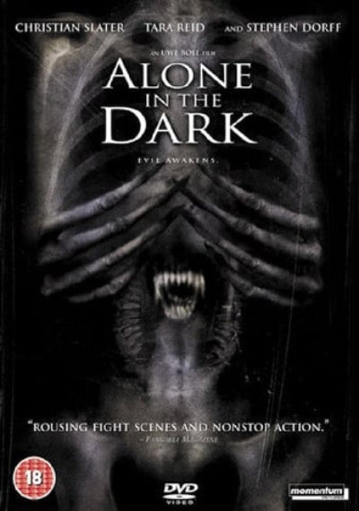 DVD cover of 'Alone in the Dark' with a skeleton and creature design.