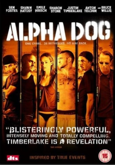 Movie poster for 'Alpha Dog' featuring six individuals against a dark background.