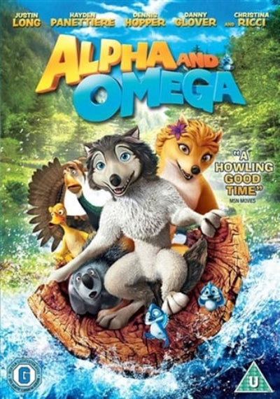 Movie poster for 'Alpha and Omega' featuring animated wolves and a bear in a forest setting.