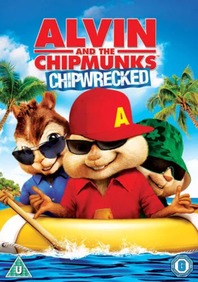 Movie poster for 'Alvin and the Chipmunks: Chipwrecked' with characters in a boat against a tropical background.