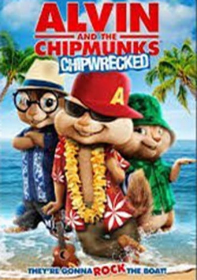 Poster of 'Alvin and the Chipmunks: Chipwrecked' with characters on a beach.