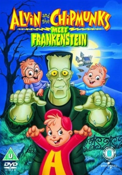 Poster of 'Alvin and the Chipmunks Meet Frankenstein' with characters and Frankenstein in a Halloween-themed setting.