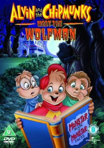 Poster for 'Alvin and the Chipmunks Meet the Wolfman' with characters reading a book titled 'Monster Book of Monster Facts'.