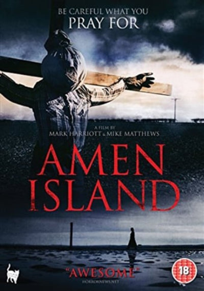 Movie poster for 'Amen Island' with a person on a cross and text overlay.