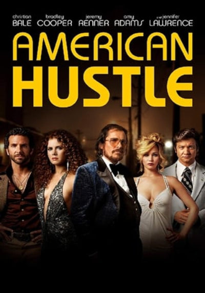Movie poster for 'American Hustle' featuring five actors with the title in yellow.