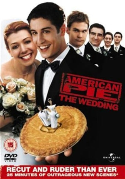 Movie poster for 'American Pie: The Wedding' featuring a couple and characters holding a pie.