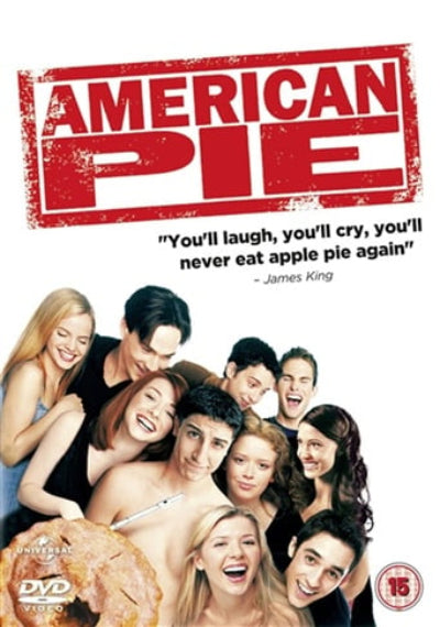 Movie poster for 'American Pie' featuring a group of people and a pie.