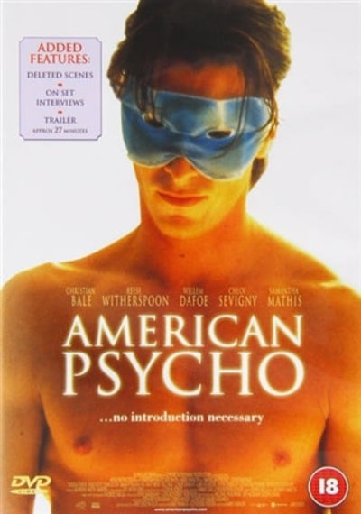 Movie poster for 'American Psycho' featuring a shirtless man wearing a blue mask.