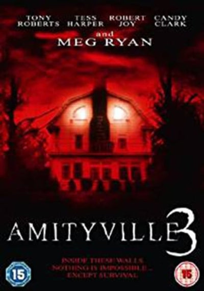 Movie poster for 'Amityville 3' with a red-lit house and text.