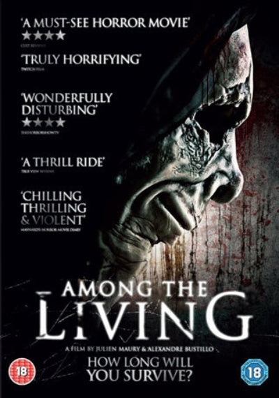 Movie poster for 'Among the Living' with a menacing hand and text describing the film's genre and themes.