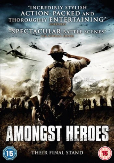 Movie poster for 'Amongst Heroes' with a soldier and battle scene