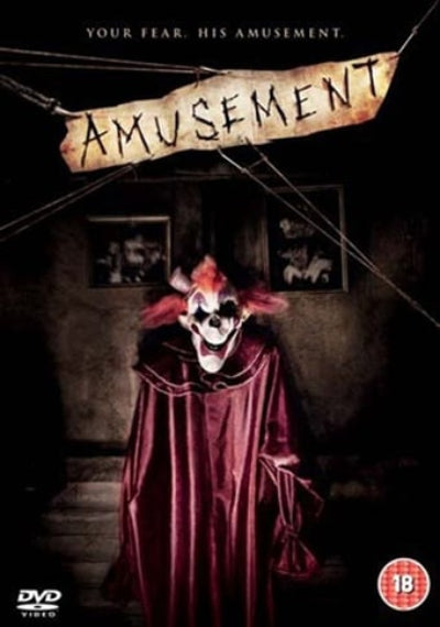 Movie poster for 'Amusement' with a skeleton in a red robe and text on a dark background