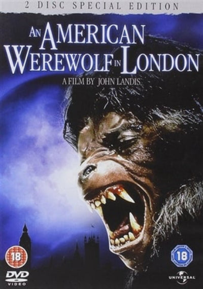 DVD cover of 'An American Werewolf in London' with a werewolf face and London skyline.