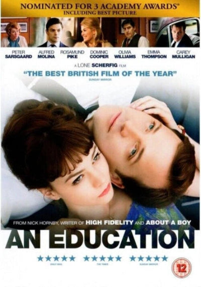 Movie poster for 'An Education' featuring two characters embracing with text about Academy Awards nominations.