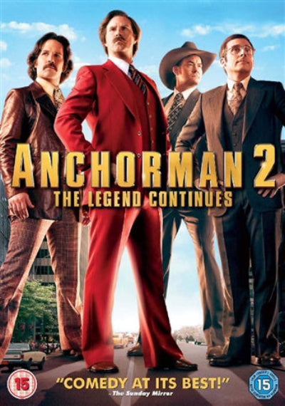 Movie poster for 'Anchorman 2: The Legend Continues' featuring four men in suits with a cityscape background.