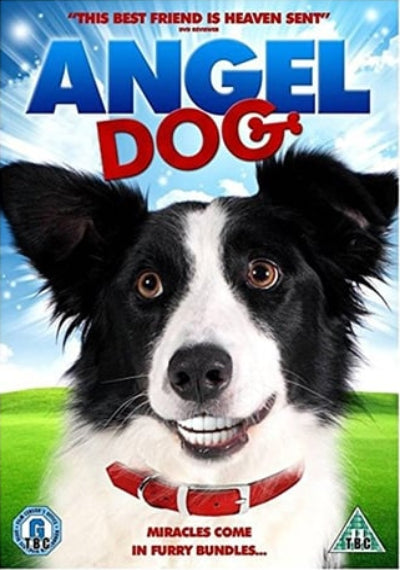 DVD cover of 'Angel Dog' with a black and white dog on a grassy background