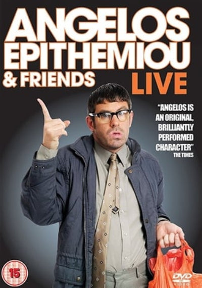 Promotional poster for 'Angelos Epithemiou & Friends Live' with a man giving a thumbs-up gesture.