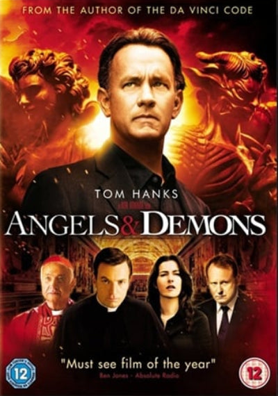 DVD cover of 'Angels & Demons' featuring Tom Hanks and other actors with a red and orange background.