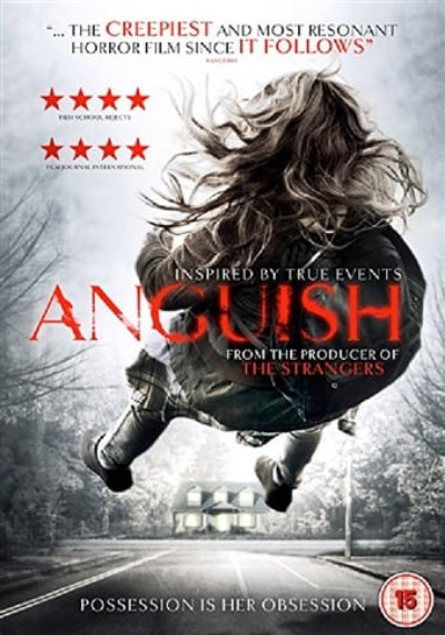 Movie poster for 'Anguish' with a person running on a road, inspired by true events.