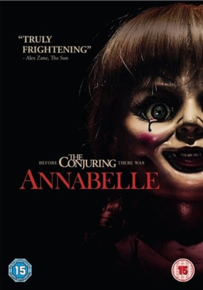 Movie poster for 'Annabelle' with a doll's face and text on a dark background
