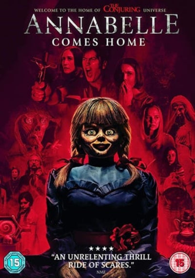 Movie poster for 'Annabelle Comes Home' featuring Annabelle and other characters with a red and purple color scheme.