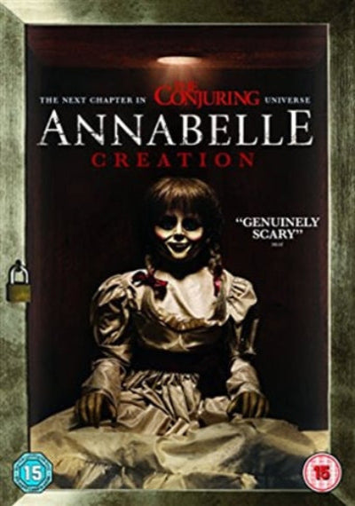 Movie poster for 'Annabelle Creation' with a doll and text about the next chapter in the Conjuring universe.