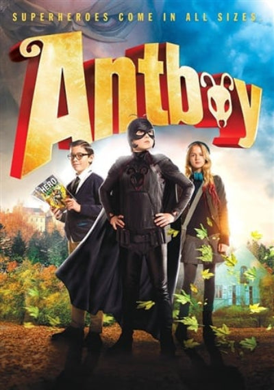 Movie poster for 'Antboy' with three characters in superhero costumes against a cityscape background.
