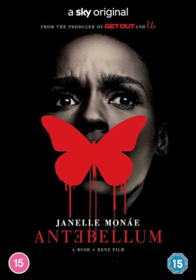 Promotional poster for 'Antebellum' featuring a red butterfly on a black background with text indicating it's a Sky Original production.