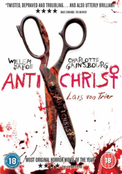 Movie poster for 'Anti Christ' featuring a pair of scissors with blood splatter and text.