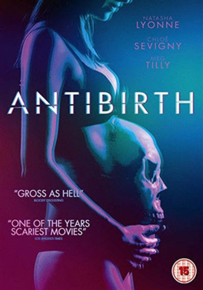 Movie poster for 'Antibirth' featuring a woman holding a skull with text about the film's rating and reviews.