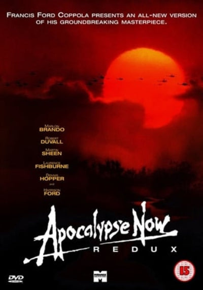 Movie poster for 'Apocalypse Now Redux' with a red sun and dark clouds.