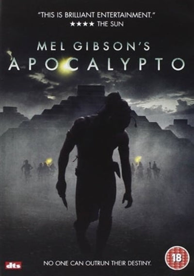 Movie poster for 'Apocalypto' featuring a silhouette of a man against a dark background with text and rating.