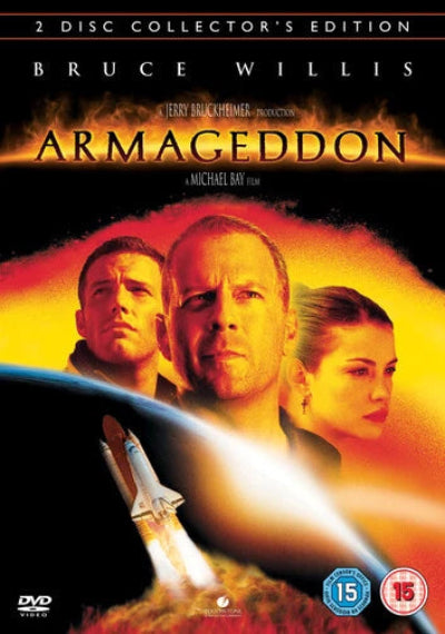 DVD cover of 'Armageddon' featuring Bruce Willis and a rocket with a space background