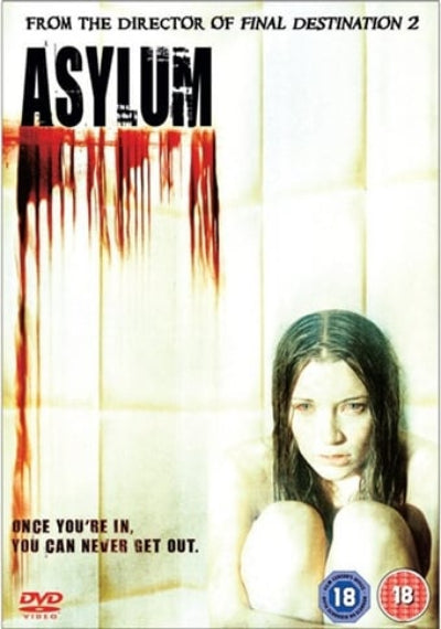 Movie poster for 'Asylum' with a woman's face and text about the film's intensity.