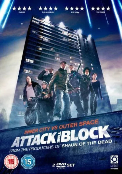 Movie poster for 'Attack the Block' featuring a group of people in front of a tall building.