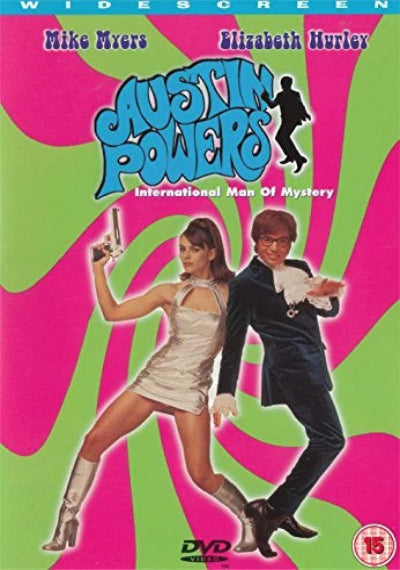 DVD cover of 'Austin Powers: International Man of Mystery' with stylized text and characters on a pink and green background.