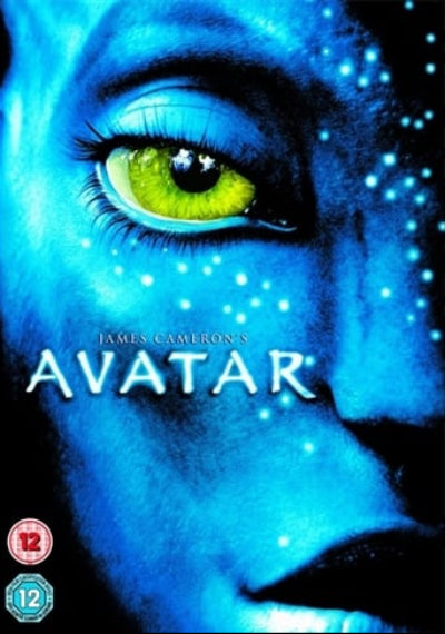 Movie poster for 'Avatar' featuring a close-up of a character's face with blue skin and green eye.