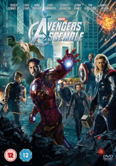 DVD cover of 'Avengers Assemble' featuring superhero characters in a cityscape.