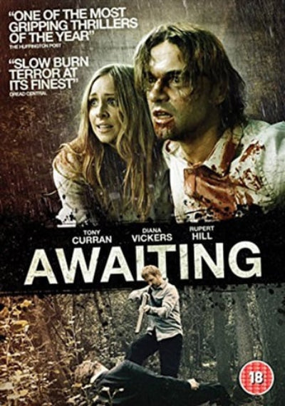 Movie poster for 'Awaiting' featuring a woman, a man with blood, and a third person holding a knife.
